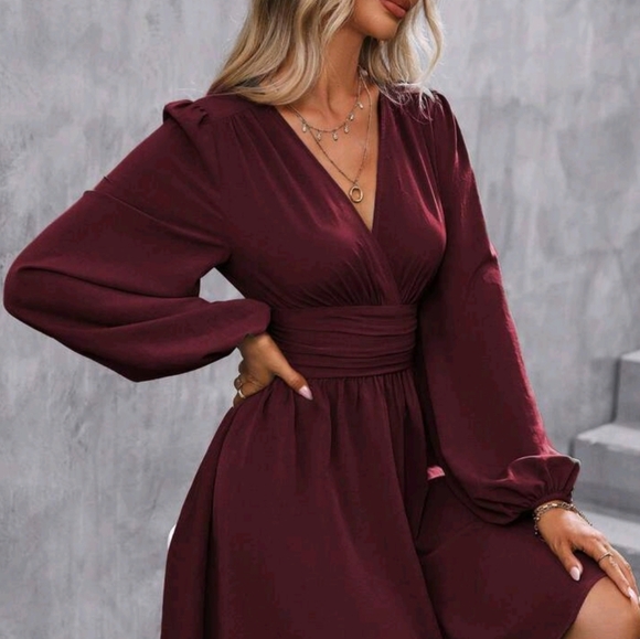 NEW Chic Ruched Waist Lantern Sleeve Dress Burgundy Red - Picture 7 of 9